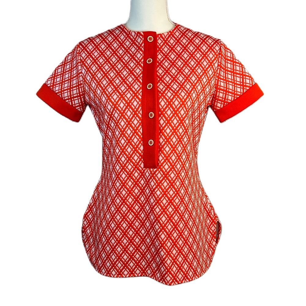 JCPenney Womens True Vintage‎ 70s Top M Orange Geometric Knit Retro Mod Kitchy